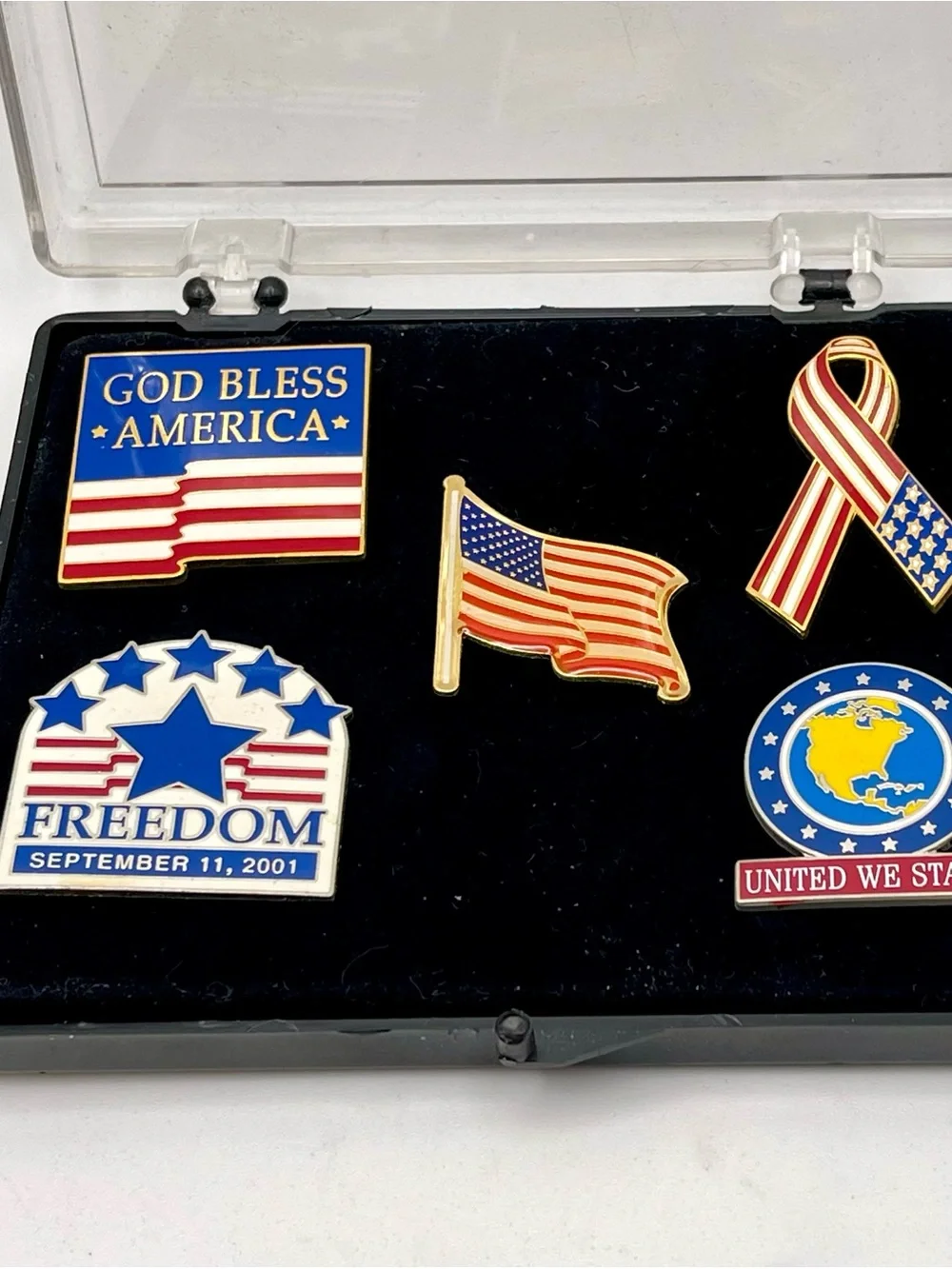 Vintage Patriotic 911 Remembrance Lapel Pin Set 5pc God Bless America Freedom